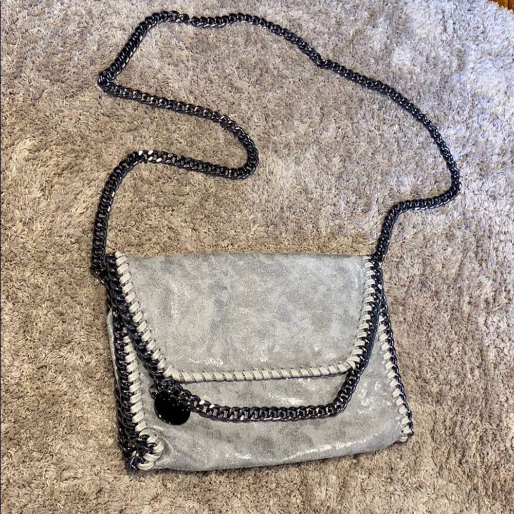 Grey Leather Crossbody Chain Bag